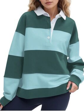 Striped Color Block Polo Sweatshirt Collared Long Sleeve Oversized Rugby Shirt